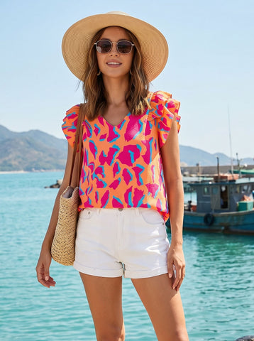 Leopard Print Ruffle Sleeve T-Shirt