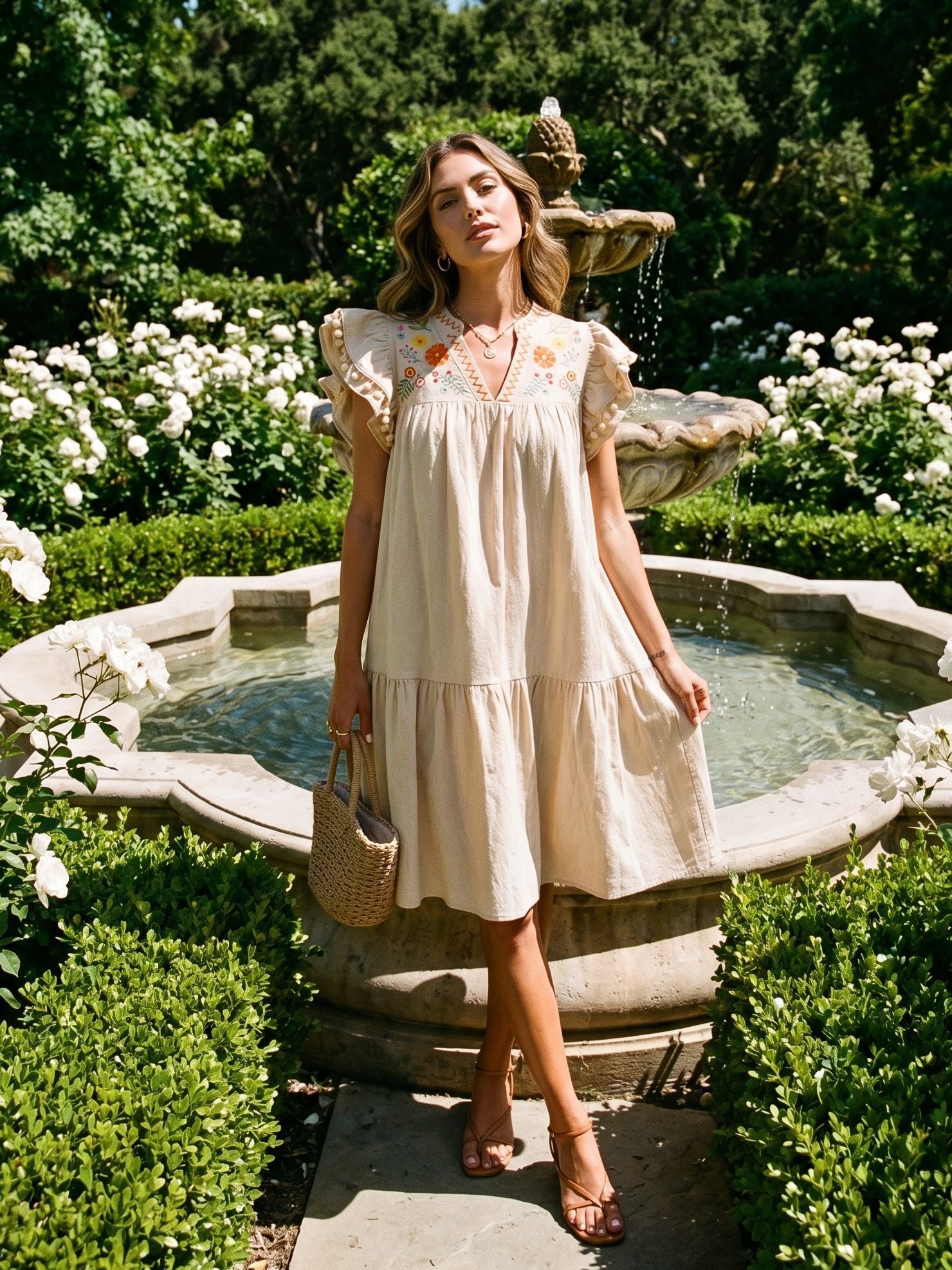 Embroidered Floral Loose Fit Midi Dress