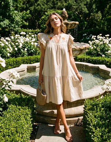 Embroidered Floral Loose Fit Midi Dress