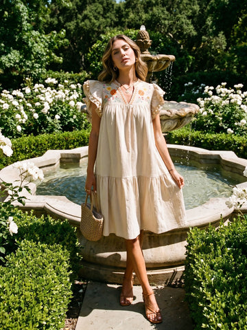 Embroidered Floral Loose Fit Midi Dress