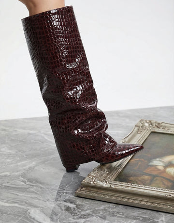 Croc-Embossed Pointed Toe Fashion Knee High Boots