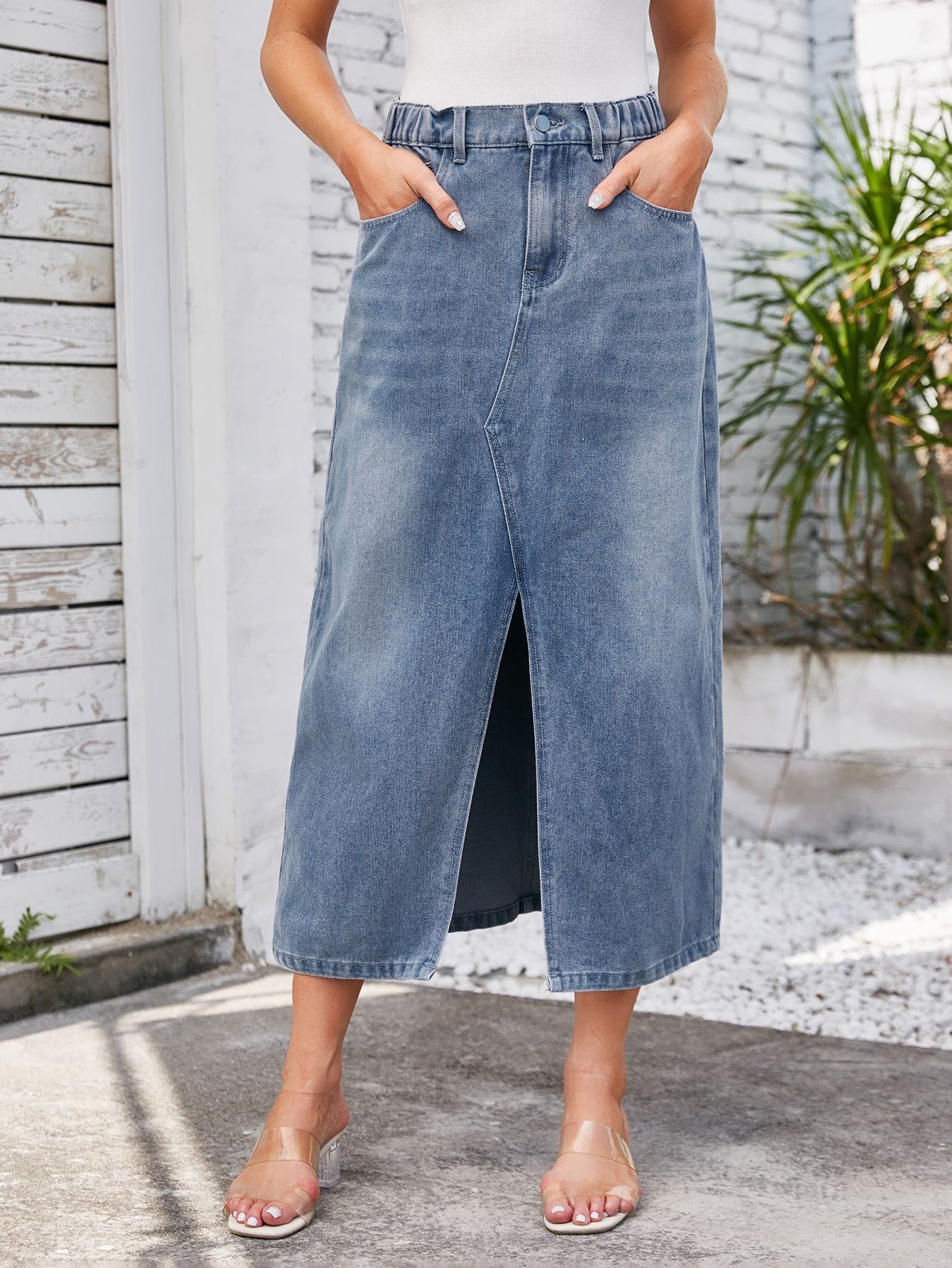 High Waisted Slit Denim Midi Skirt