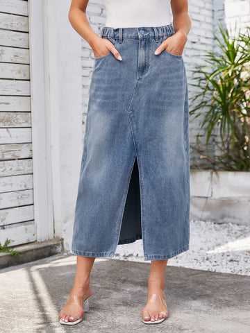 High Waisted Slit Denim Midi Skirt