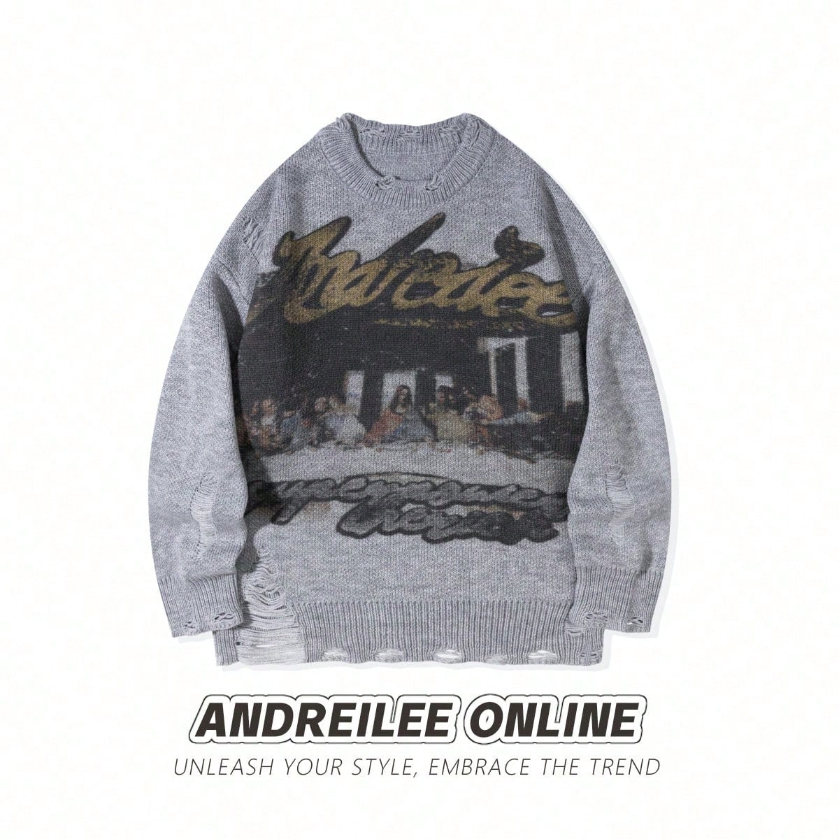 Distressed Graphic Oversized Knit Sweater