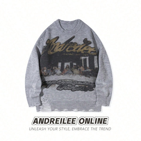 Distressed Graphic Oversized Knit Sweater