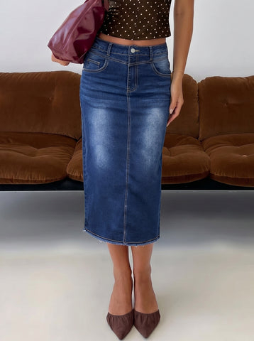 High Rise Raw Hem Denim Skirt