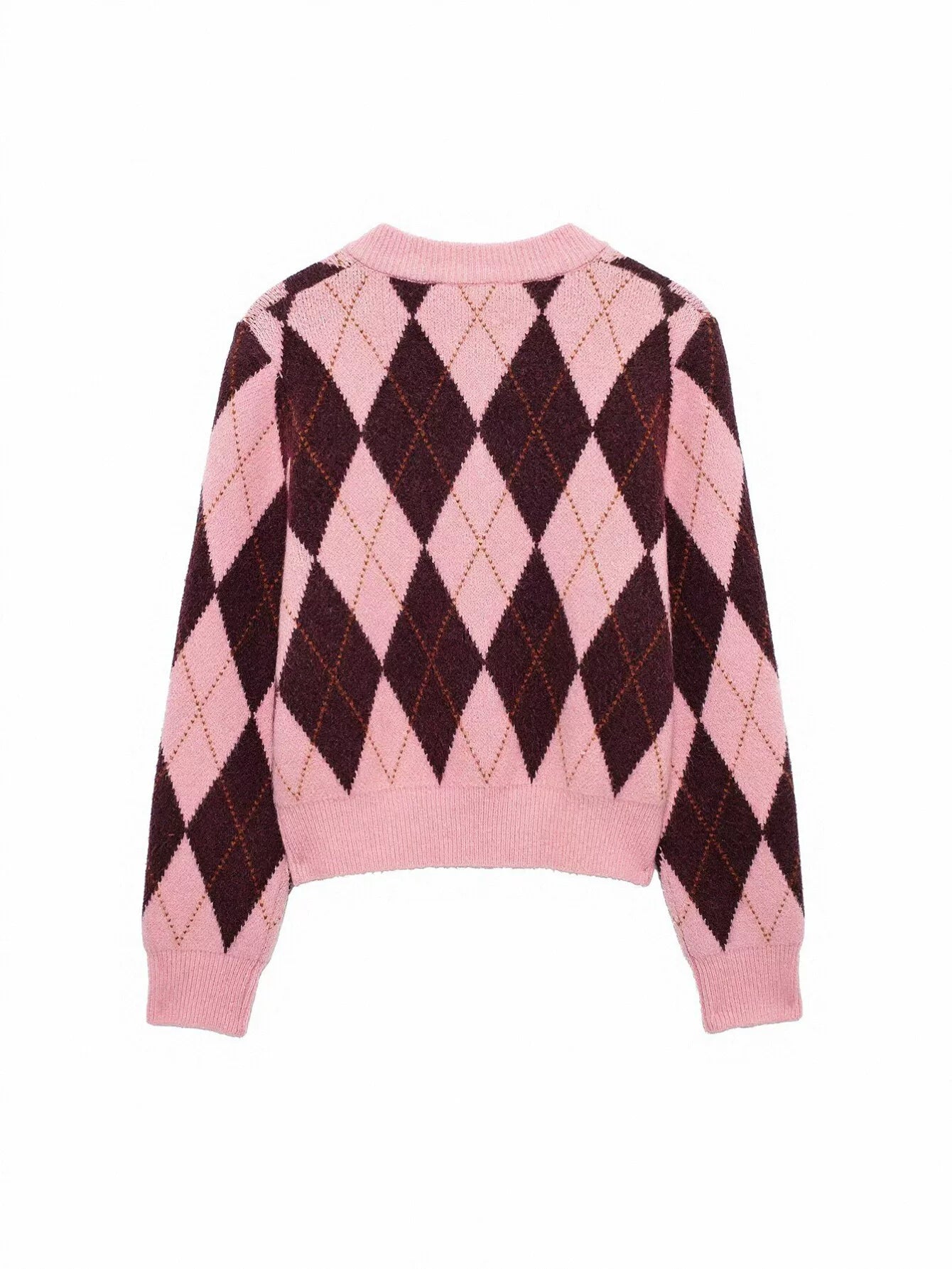 Cropped Argyle Pattern Knit Cardigan