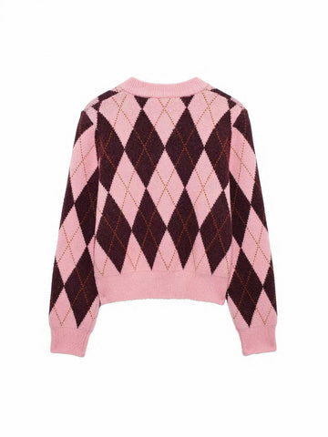 Cropped Argyle Pattern Knit Cardigan