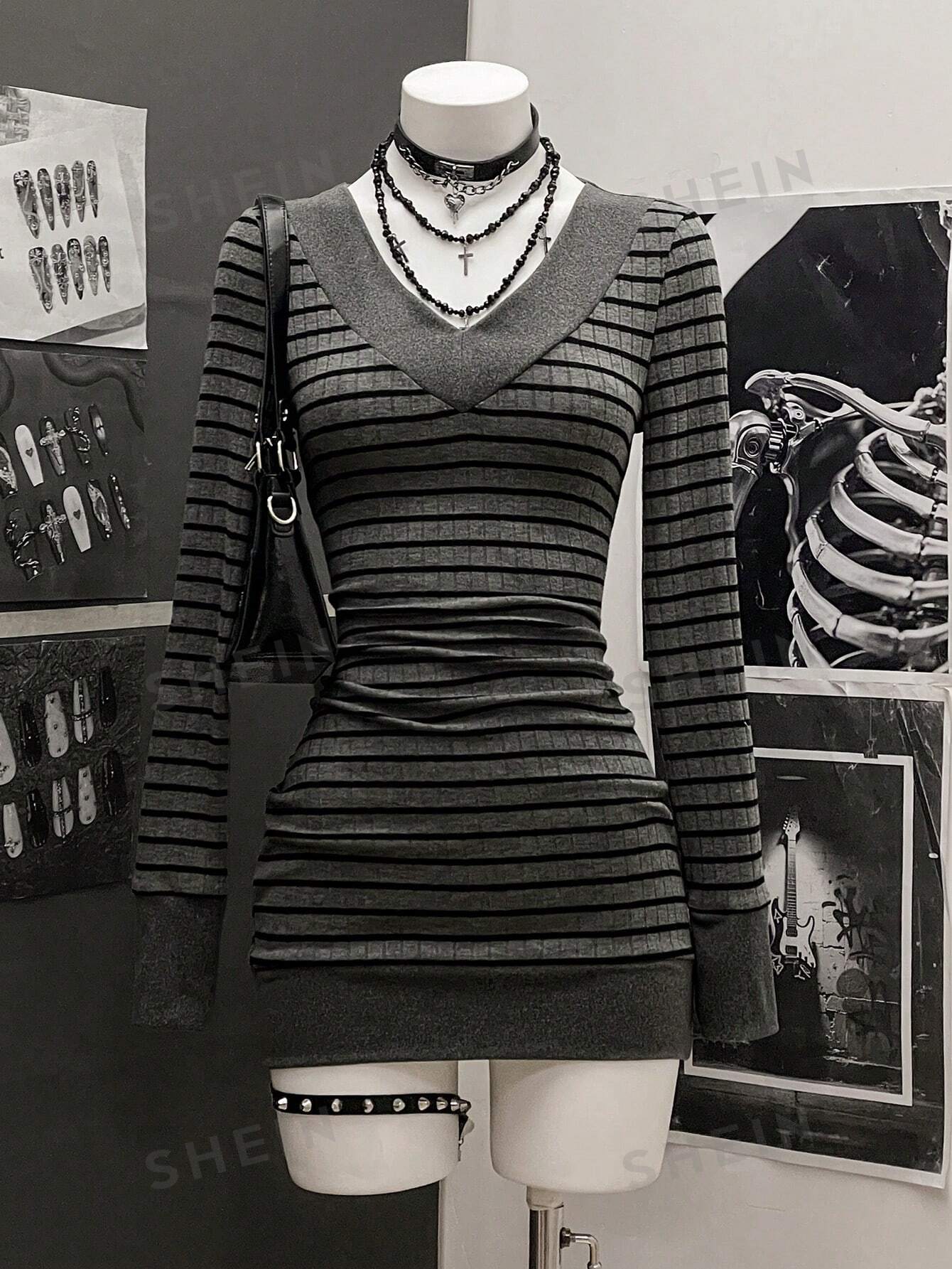 Bodycon Striped V Neck Mini Dress