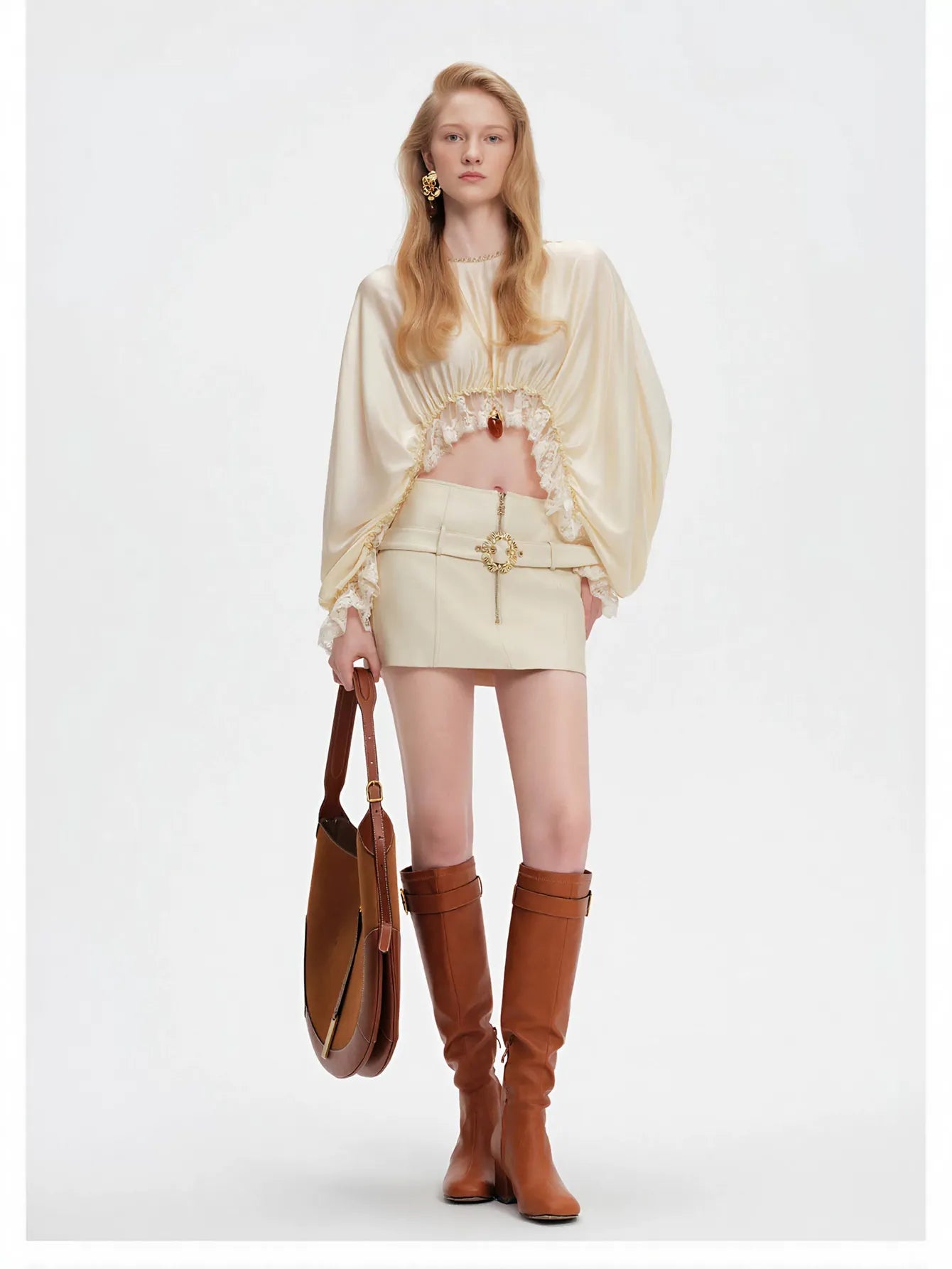 Lace Trim Cropped Satin Blouse