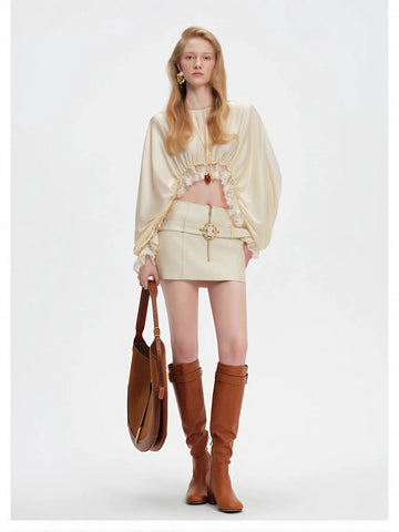 Lace Trim Cropped Satin Blouse