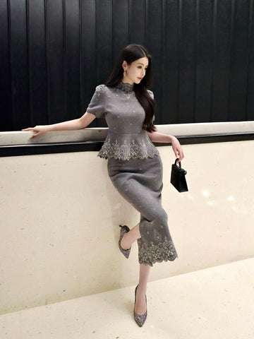 Embellished Peplum Knit Sweater Dress