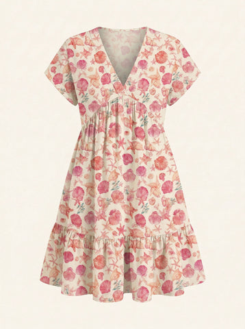 Floral Print V Neck Tiered Babydoll Mini Dress