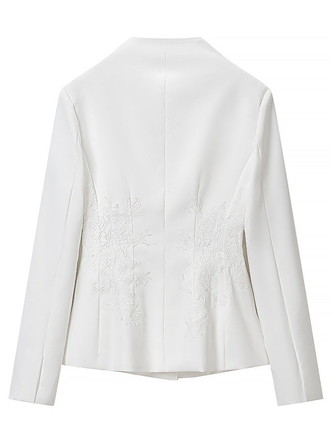 Elegant Floral Embroidered Stand Collar Blazer