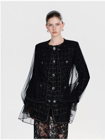 Shimmering Tweed Ruffle Trim Jacket