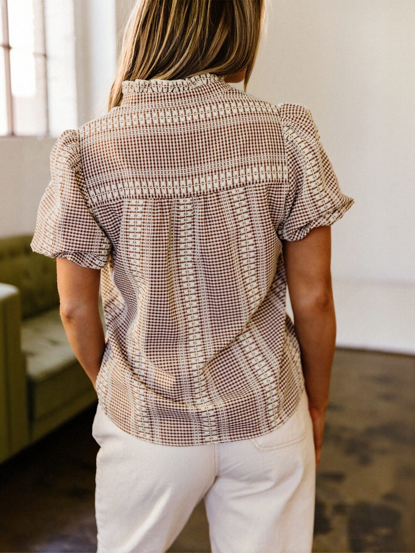 Western Print Plaid Chiffon Blouse