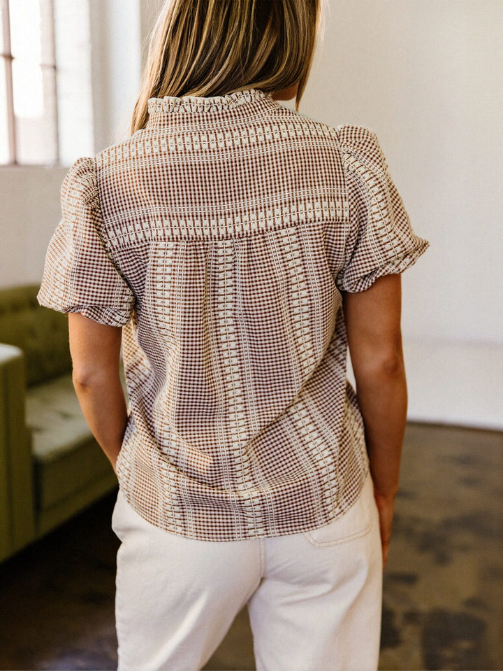 Western Print Plaid Chiffon Blouse