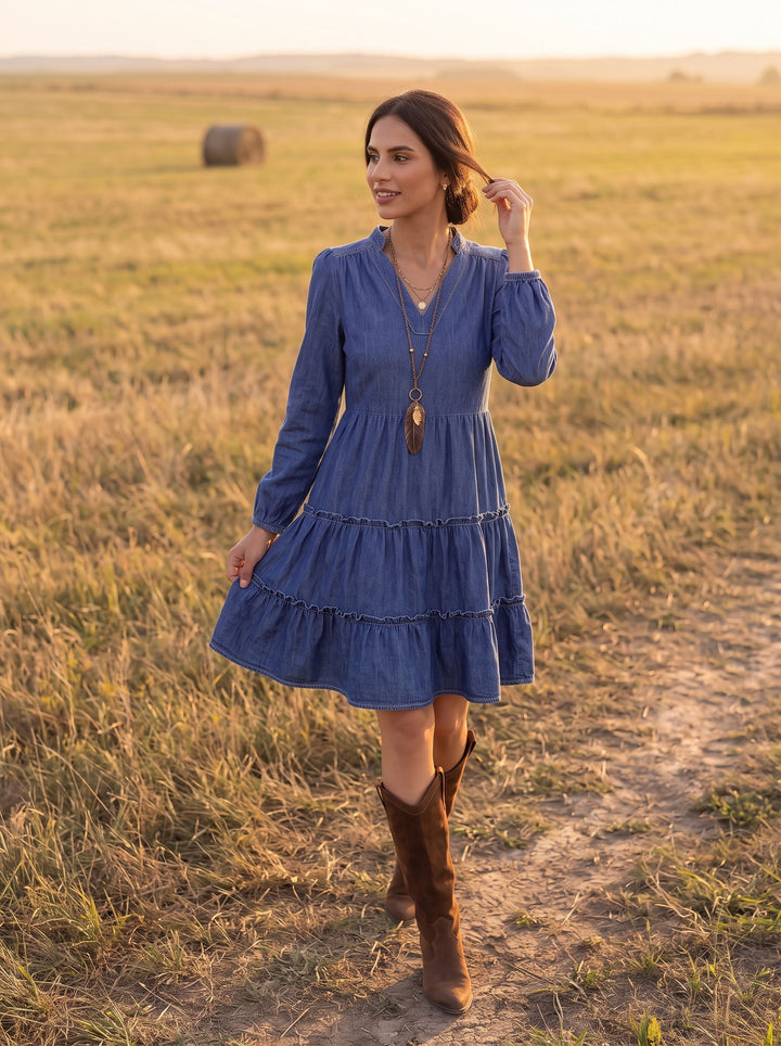 Casual V Neck Tiered Denim Dress