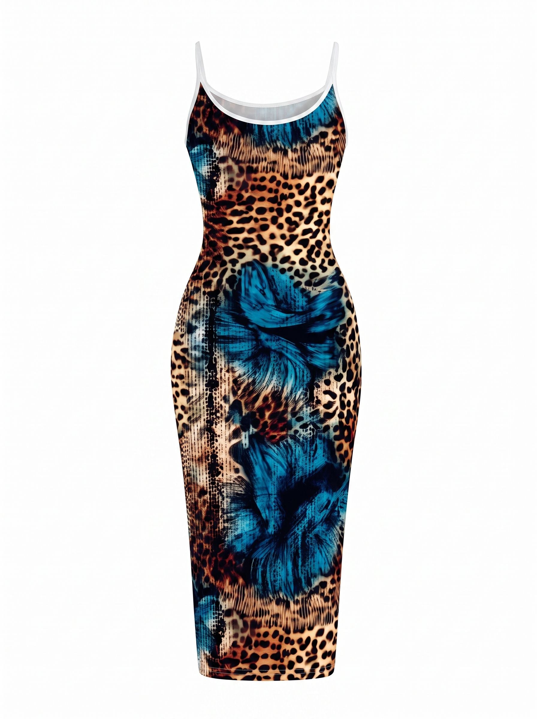 CAPRI Leopard and Blue Floral Print Sleeveless Bodycon Midi Dress
