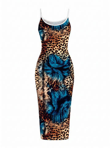 CAPRI Leopard and Blue Floral Print Sleeveless Bodycon Midi Dress