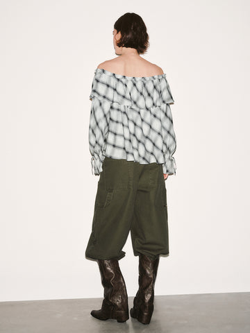 Urban Revivo Off Shoulder Ruffle Detail Contrast Check Overhead Shirts-Light dark gray check