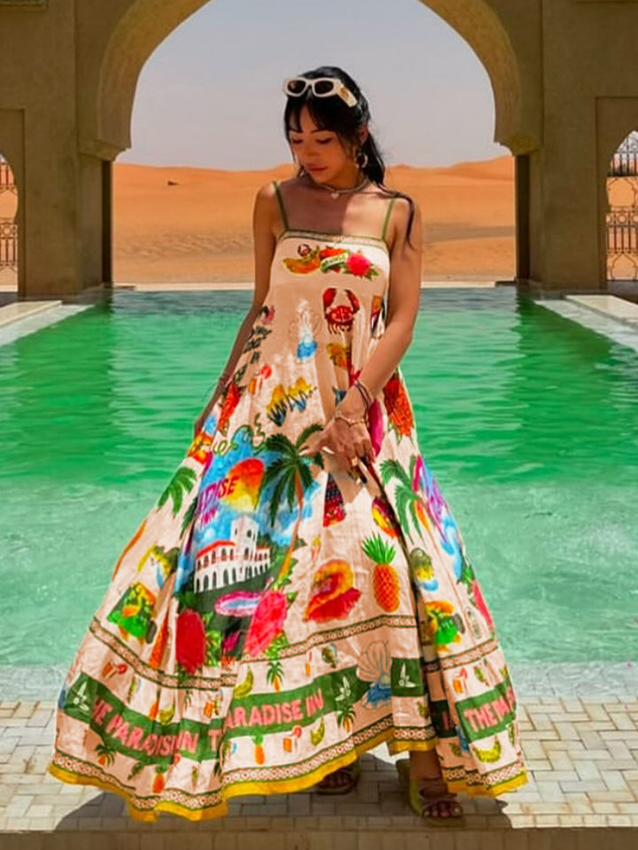 Tropical Print Spaghetti Strap Midi Dress