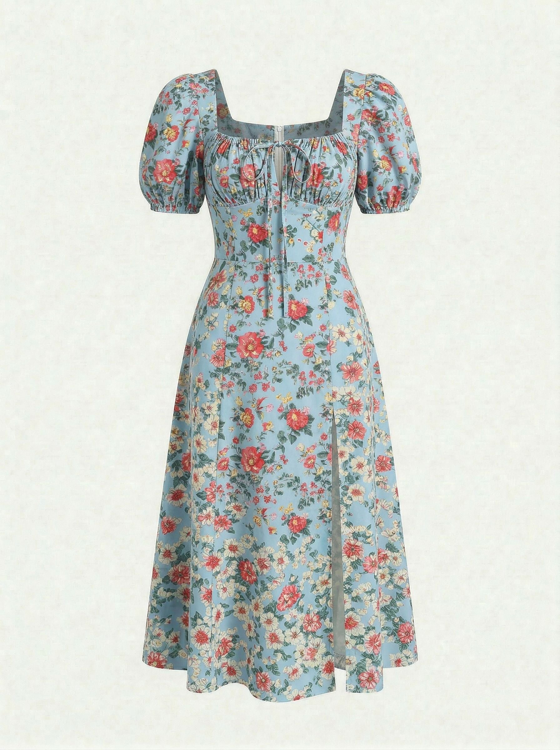 Floral Print Puff Sleeve Tie MidiDress