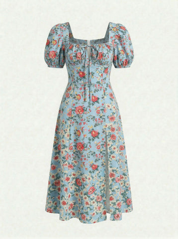 Floral Print Puff Sleeve Tie MidiDress