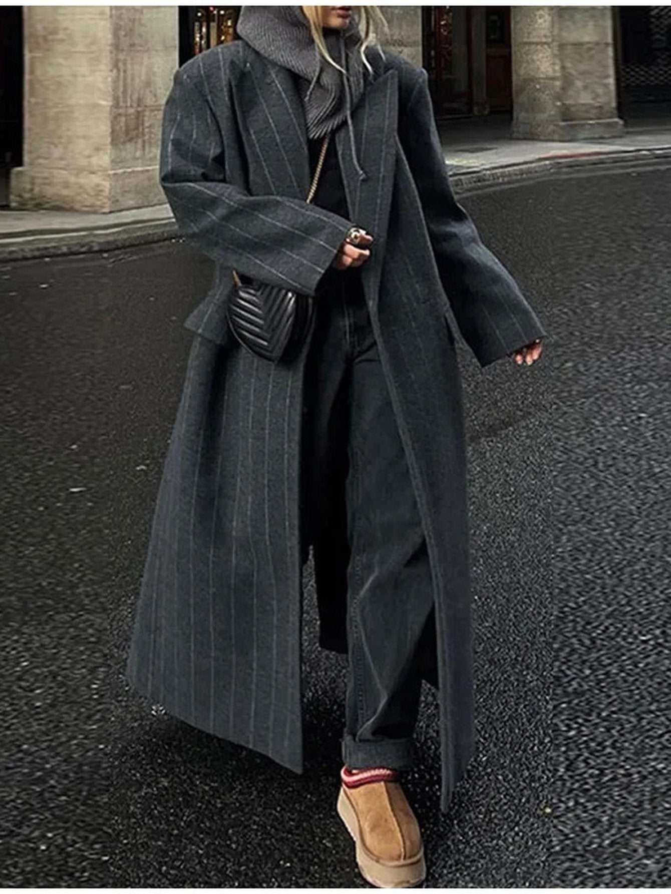 Double Breasted Striped Wool Coat