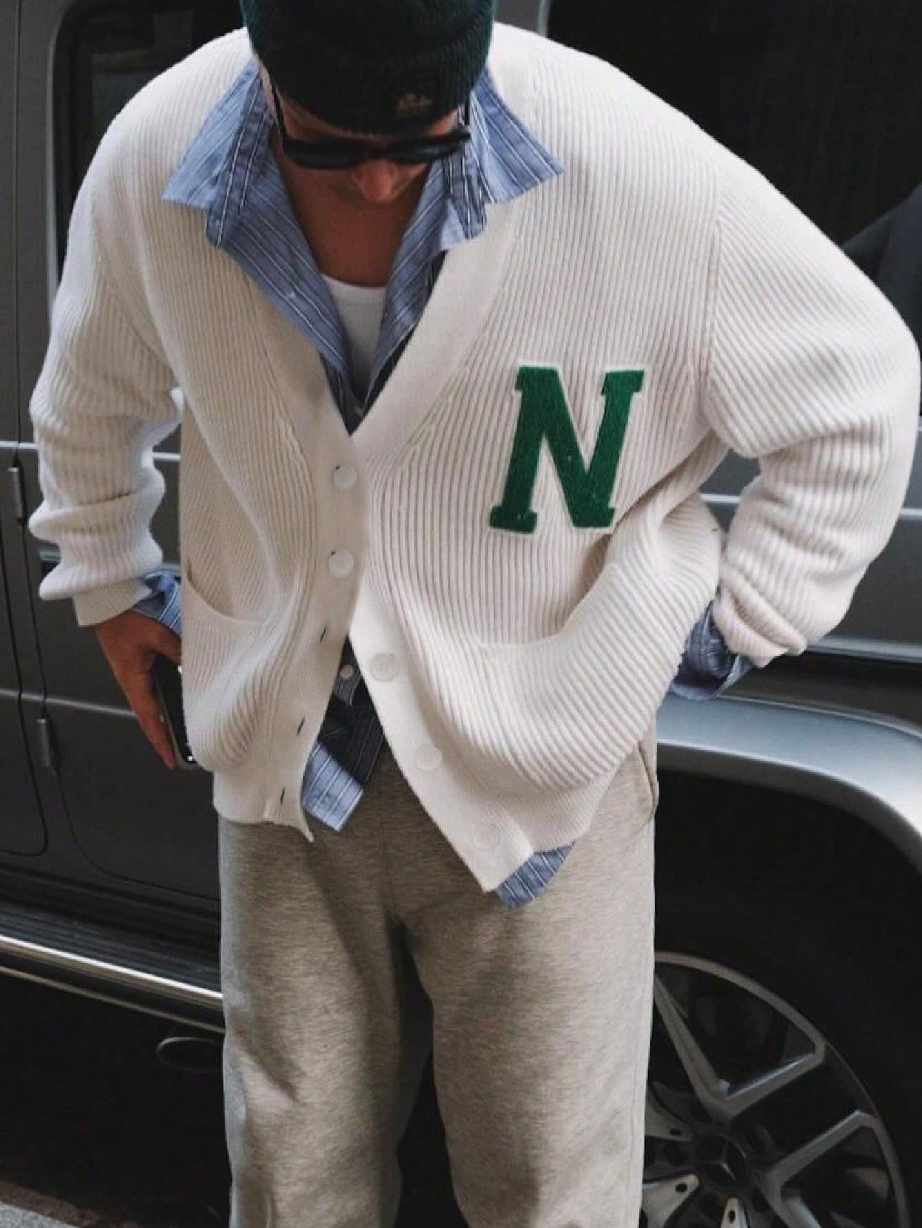 Oversized Letter Patch Ribbed Cardigan
