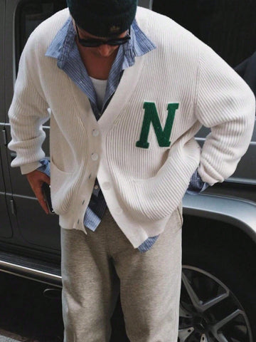 Oversized Letter Patch Ribbed Cardigan