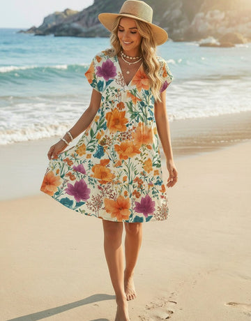 EVA Floral Print V Neck Tiered Babydoll Mini Dress