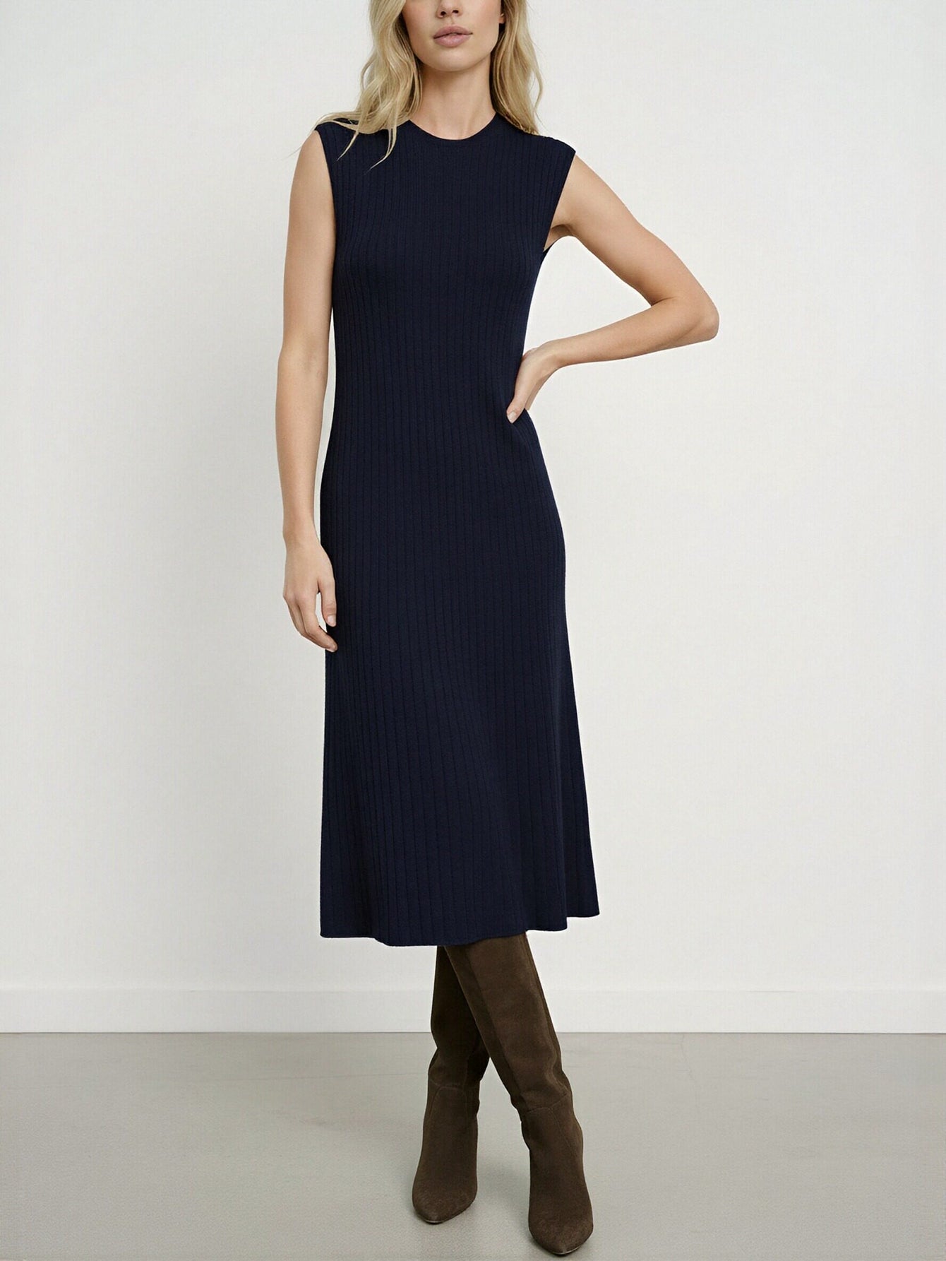 Solid Color Slim Fit Wool Knit Eleant Midi Dress