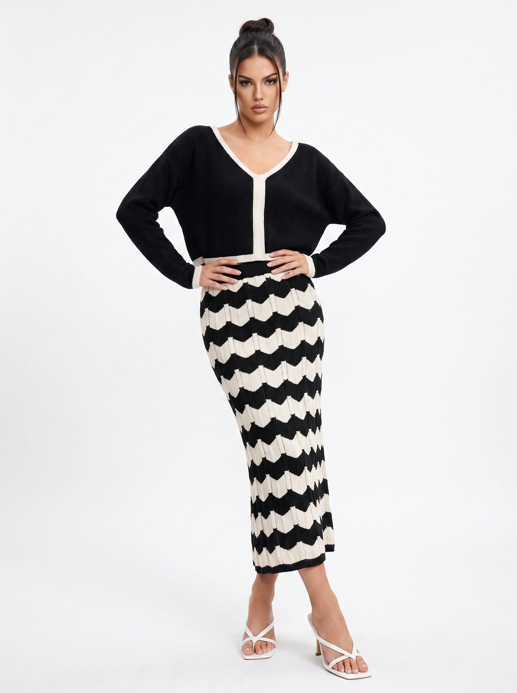 Colorblock Chevron Knit Sweater Skirt Set