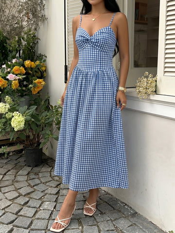 Blue Gingham Midi Summer Dress