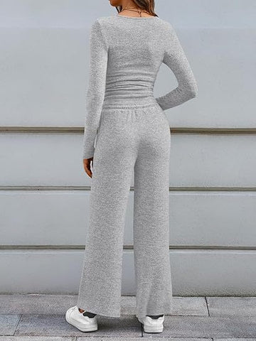 Cozy Button Henley Wide Leg Set