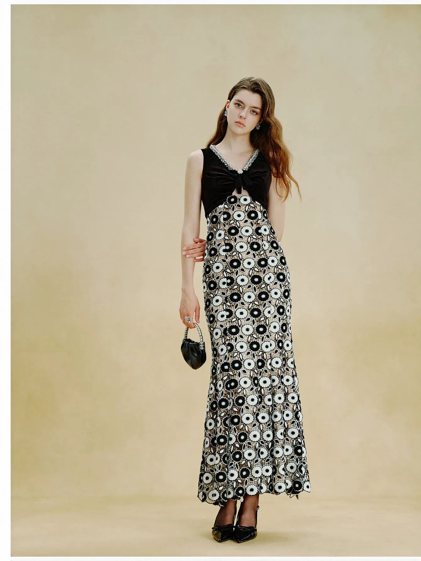 Embellished Velvet Floral Lace Maxi Dress