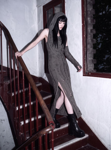 Distressed Hooded Slit Maxi Dress
