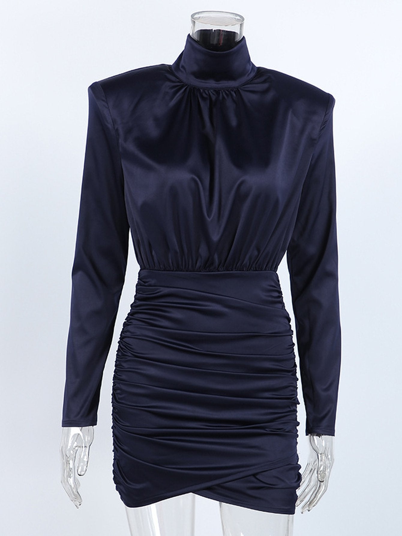 Padded Shoulder Ruched Mini Dress