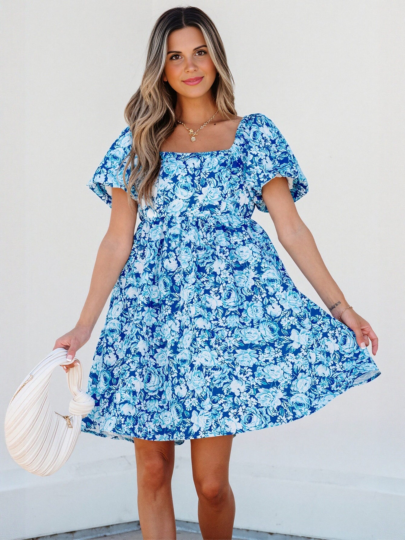 Floral Puff Sleeve Square Neck Dress