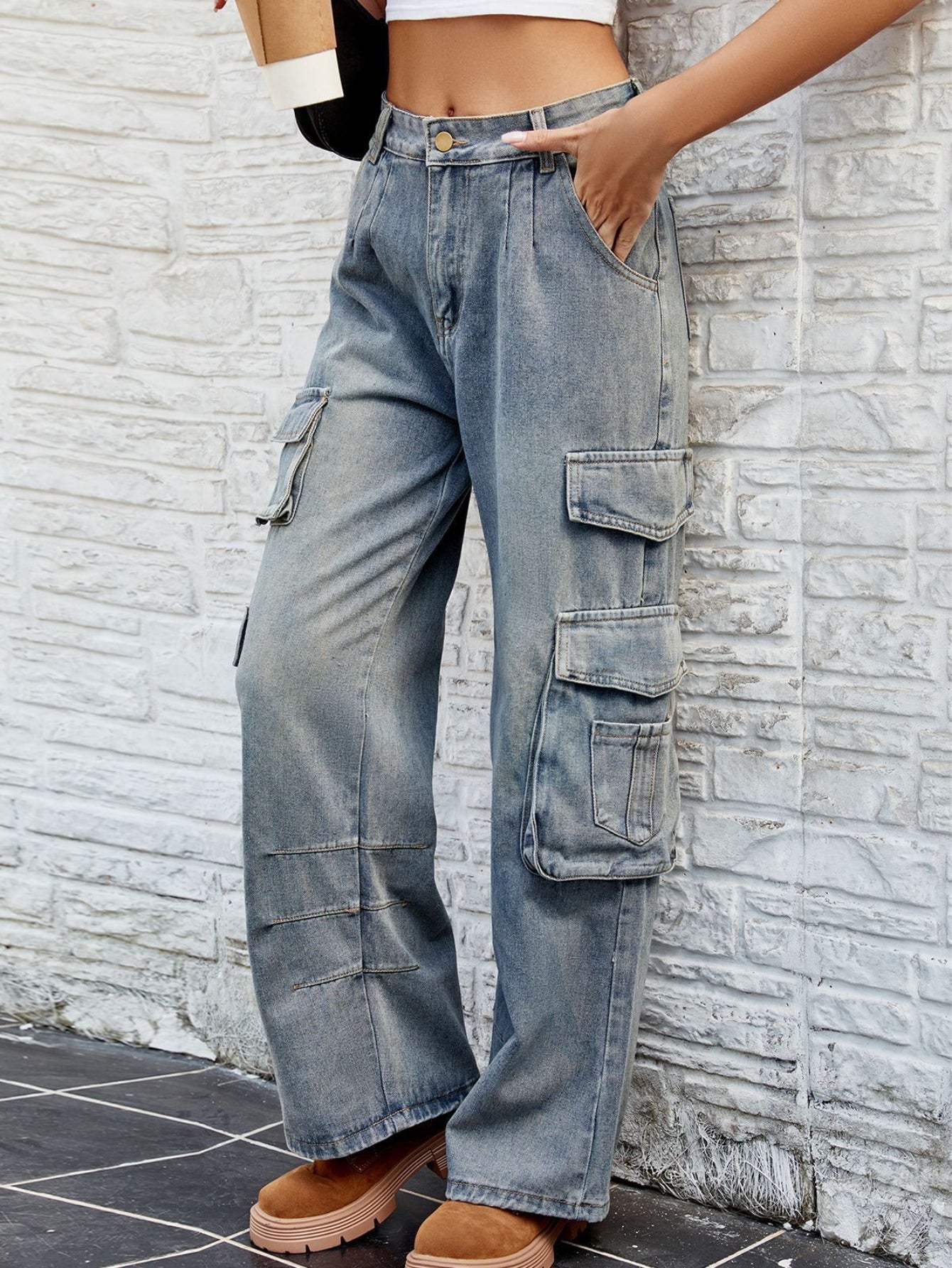 High Waisted Loose Cargo Jeans