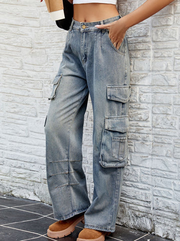 High Waisted Loose Cargo Jeans