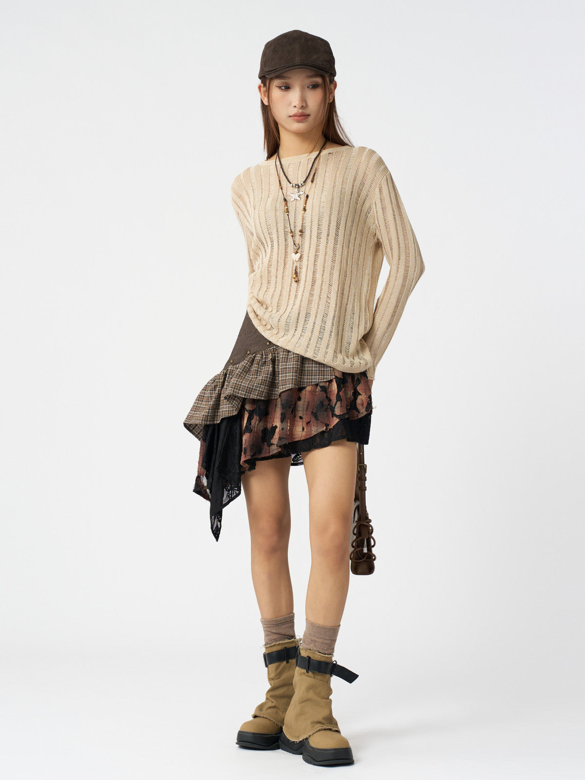 Distressed Plaid Ruffle Asymmetric Mini Skirt
