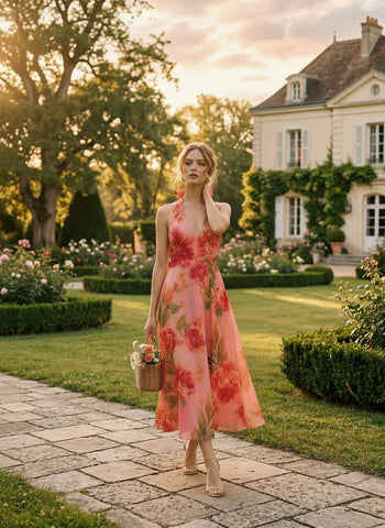 Floral Print Halter Neck Tie Back Midi Dress