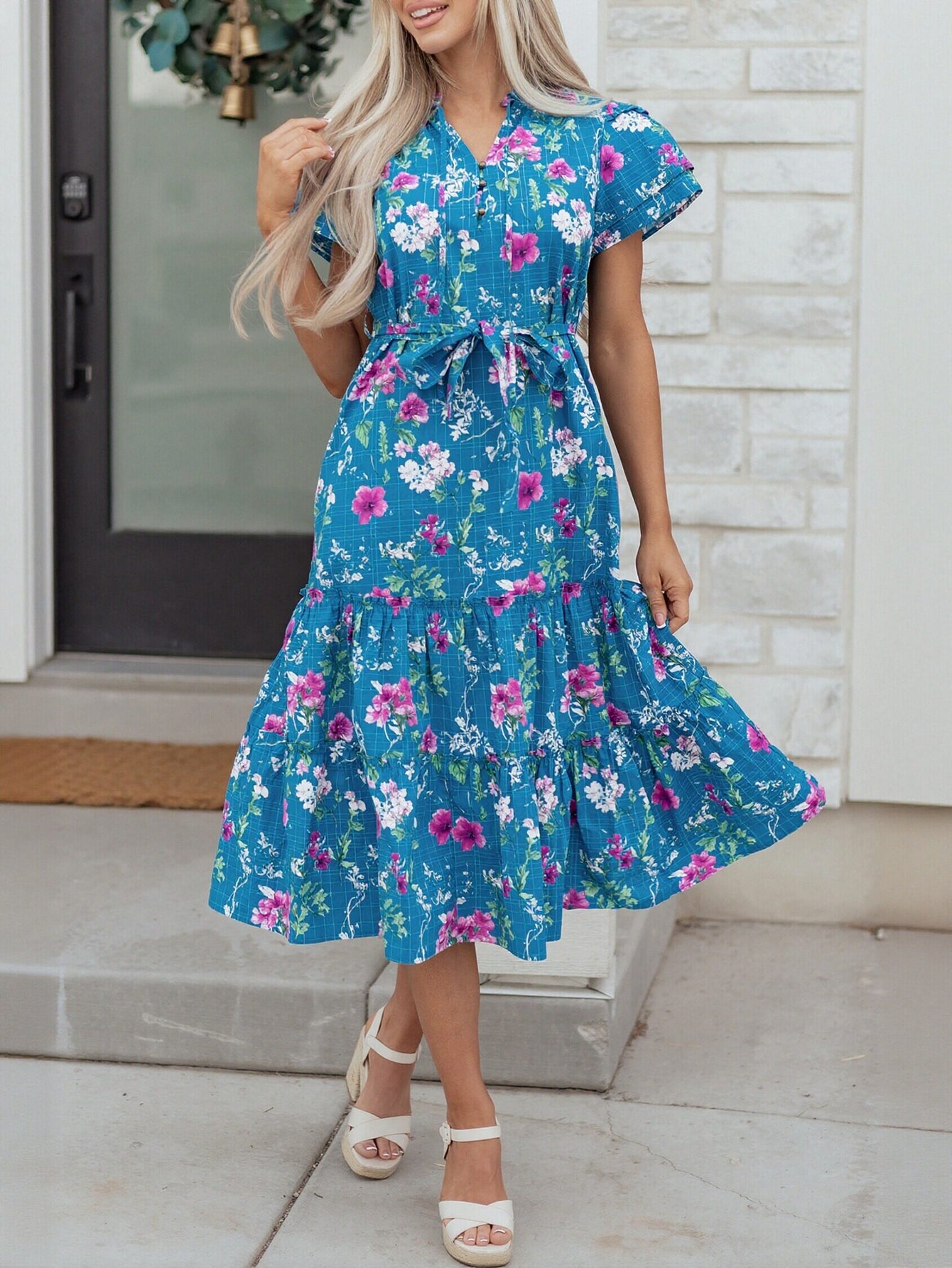 Floral Flutter Sleeve Tiered Midi Dress