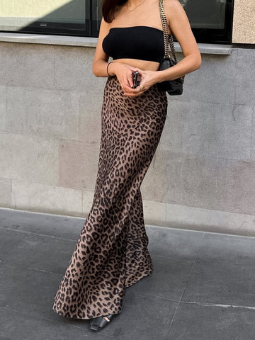 Sleek Leopard Print Satin Maxi Skirt