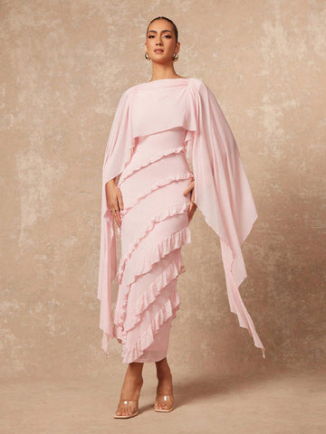 Elegant Ruffled Cape Sleeve Midi Dress