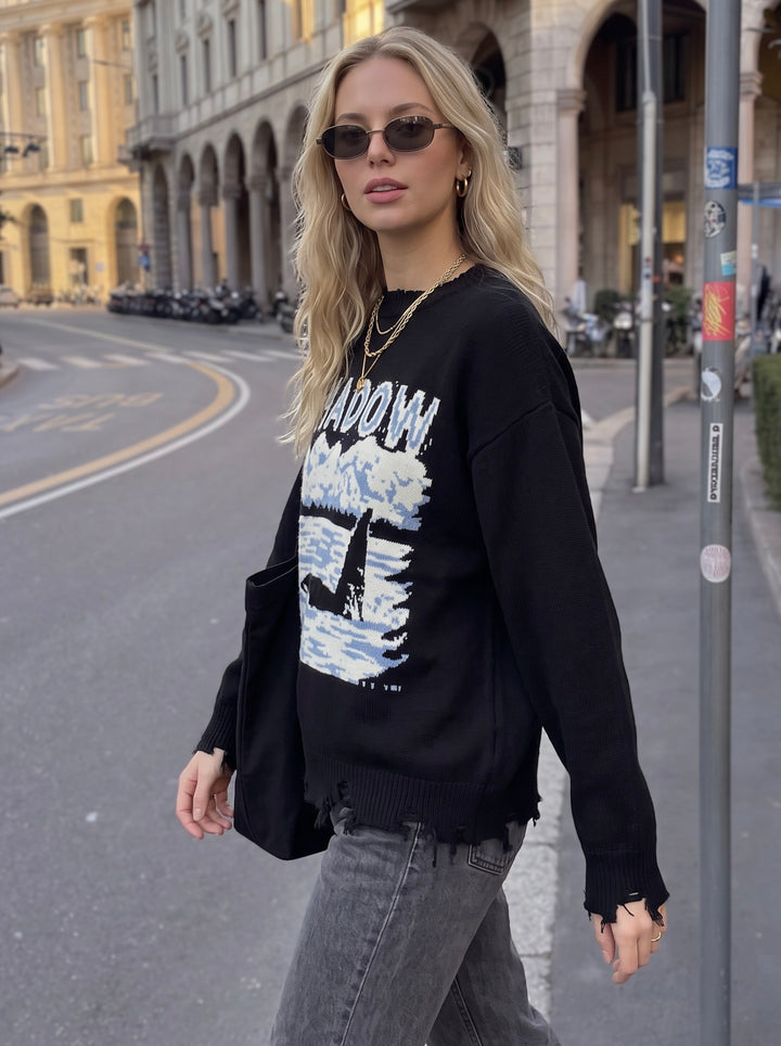 Oversized Graphic Distressed Knit Pullover Sweater