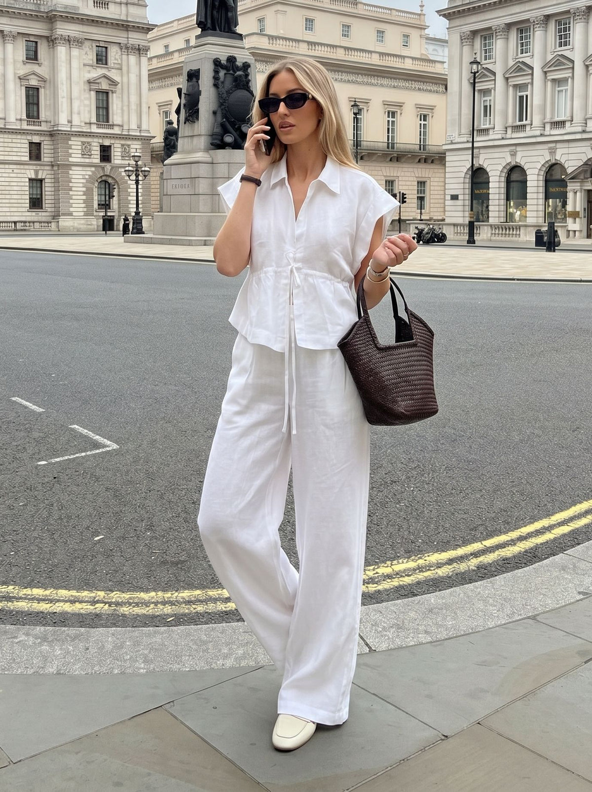 Casual Linen Drawstring Wide Leg Set
