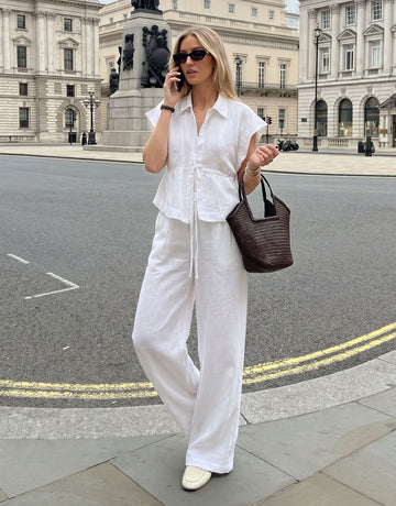 Casual Linen Drawstring Wide Leg Set